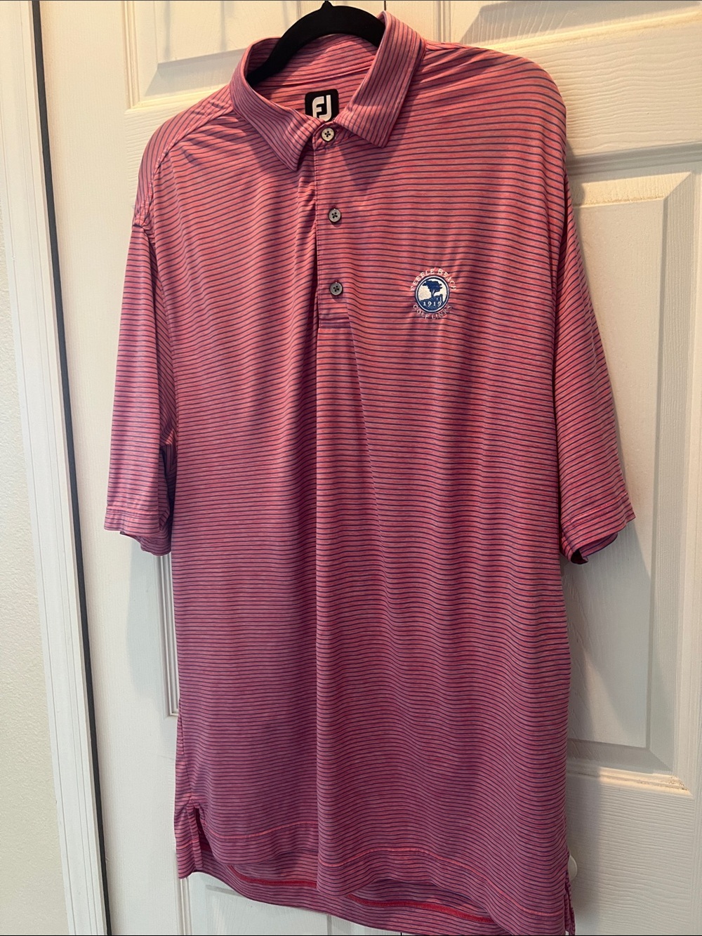 FootJoy Men’s Pink Striped Polo with Embroidered Pebble Beach Chest Logo
